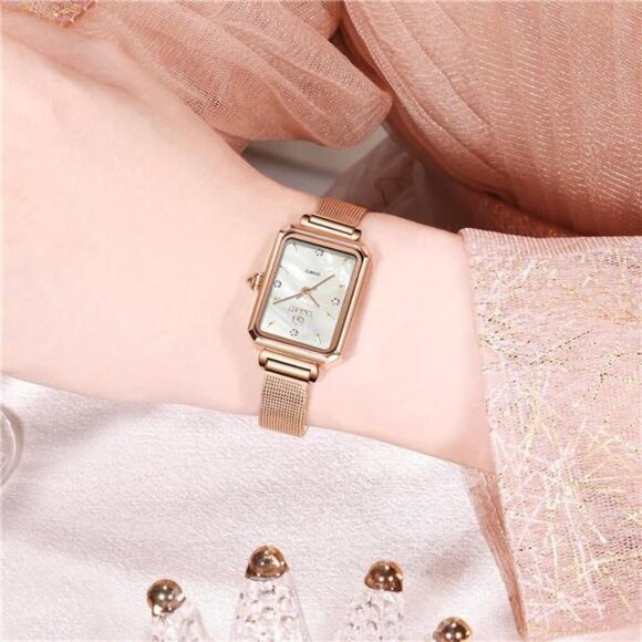 Rose Gold Tone Mesh Bracelet Stainless Steel Square Dress Watches for Women main image 2